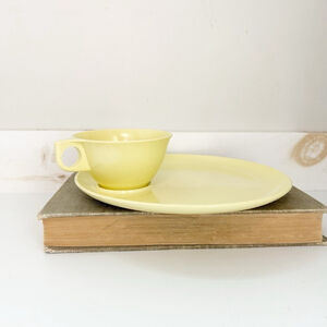 Vintage Pastel Yellow Melmac Snack Plate and Cup Set Farmhouse Mid-Century